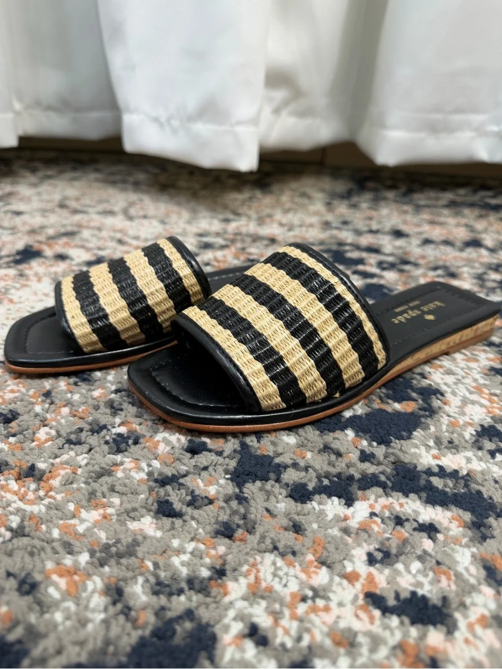 NWOT Kate Spade New York ‘Juiliane’ Raffia Slide Sandals in Black Stripe Sz 5.5